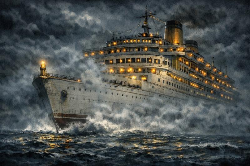 The MS Pharos, a luxury liner with a lighthouse replica at its bow, ploughing through fog and heavy seas at night
