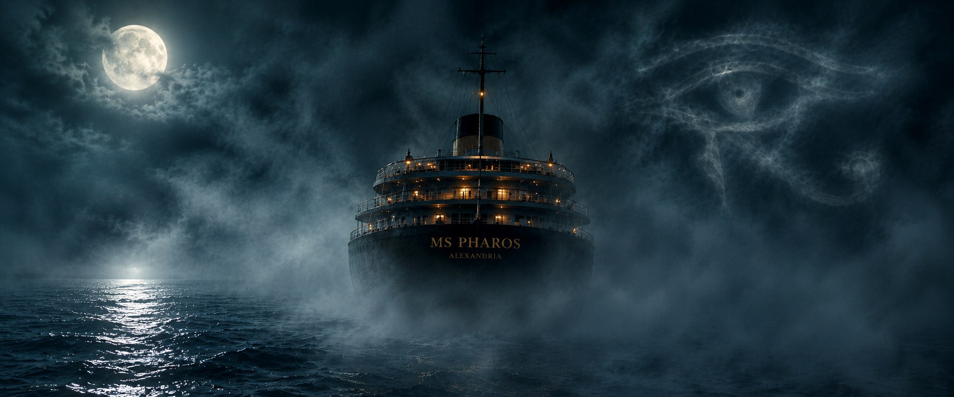 The MS Pharos, its decks lit gold, sailing through dense fog on a dark sea under a full moon, with a ghostly Eye of Horus formed in the mist
