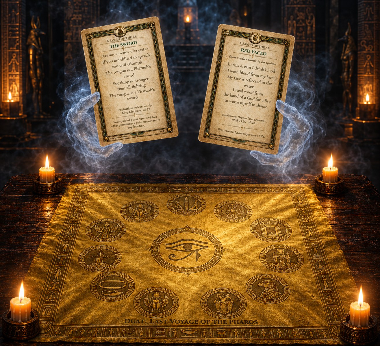Two Sakhu cards, The Sword and Red Faced, held aloft by ghostly hands above the golden Duat game mat, surrounded by candles in an Egyptian temple